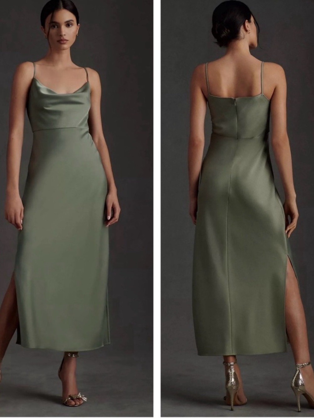 BLDN Sage Green Satin Slip Midi Dress